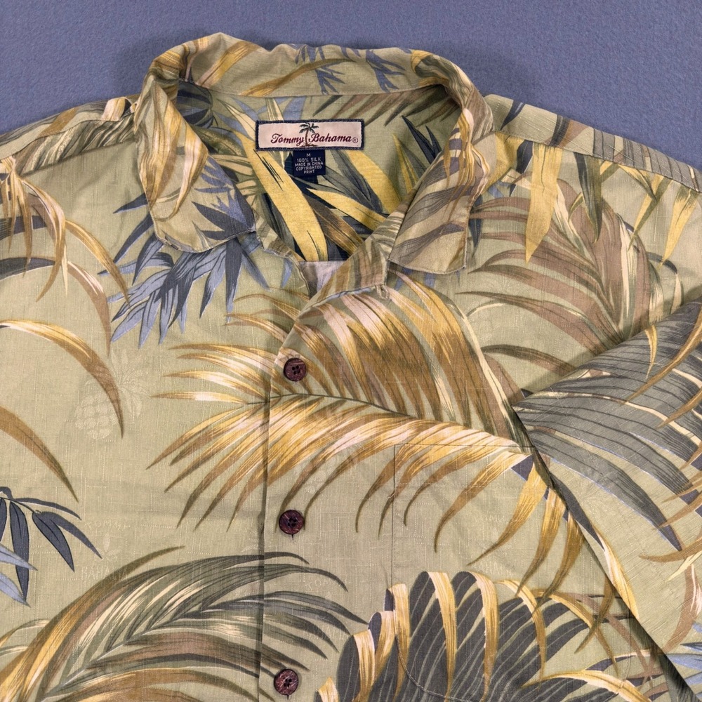 Tommy‎ Bahama Mens M Green Silk Tropical Palm Leaf Print Short Sleeve Camp Shirt